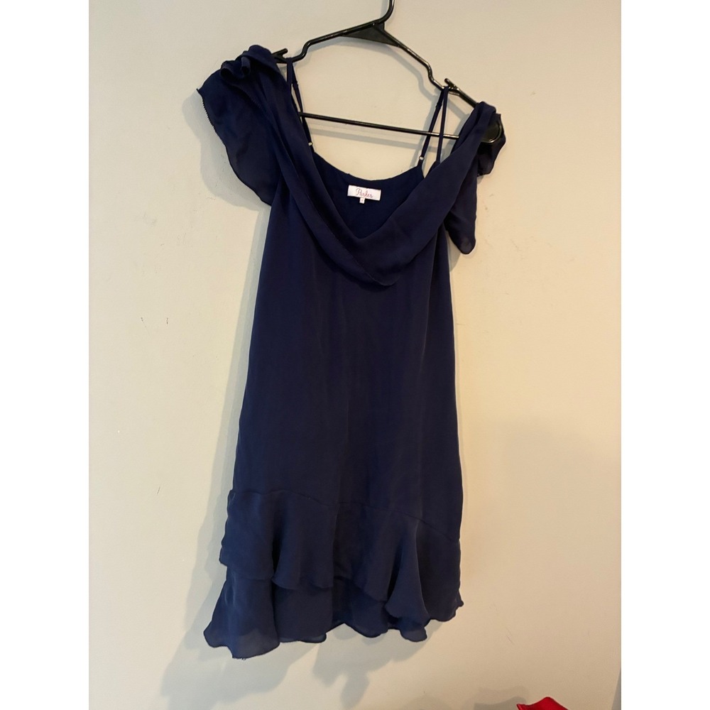 Parker Navy Blue 100% Silk Ruffle Cold Shoulder Mini Dress Small - Picture 4 of 7